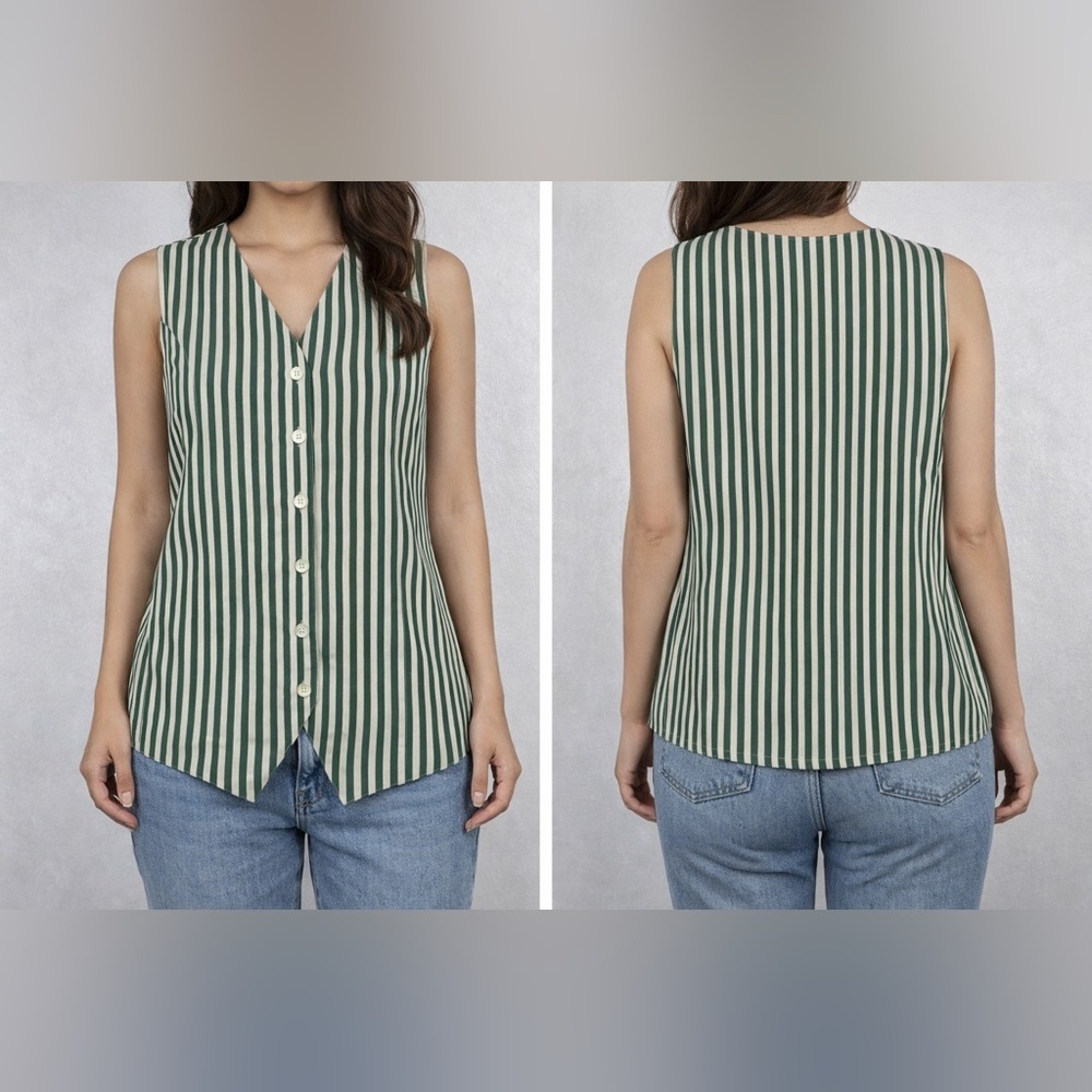 Edward 100% Silk Green & White Striped Button Front Vest Top Size M